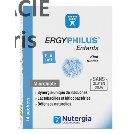 ERGYPHILUS® Enfants est un complément alimentaire constitué de 3 souches vivantes de probiotiques