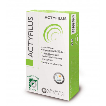 ACTYFILUS® Boîte de 30 gélules apporte 5 souches de ferments microbiotiques dans le but de reconstituer et rééquilibrer la flore
