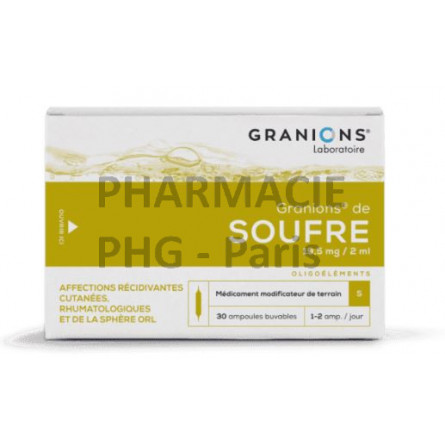 Soufre , laboratoire Granions : Affections cutanées, rhumatologiques et ORL Boîte de 30 ampoules buvables (2mL) 