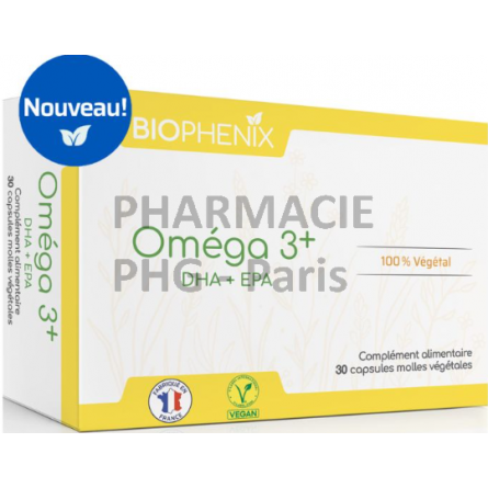 Équilibre Oméga 3+ DHA+EPA - BIOPHENIX - Apport d'acides gras essentiels Boite de 30 capsules molles végétales.