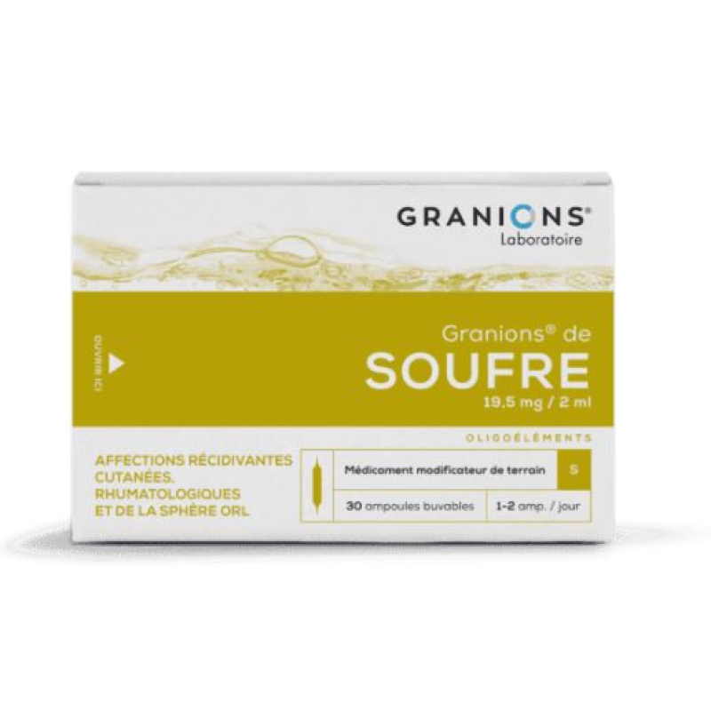 Soufre , laboratoire Granions : Affections cutanées, rhumatologiques et ORL Boîte de 30 ampoules buvables (2mL) 